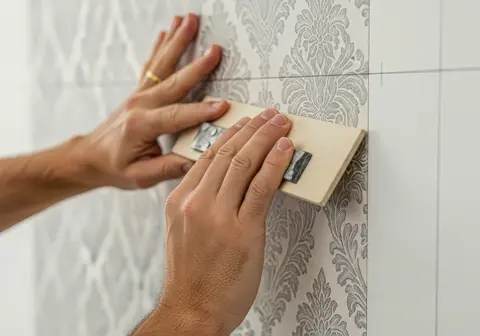 Two hands pressing a wooden smoothing tool along the seam of a length of grey patterned wallpaper