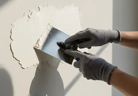 Two gloved hands drawing a wide steel filling knife across a patch of fresh plaster on a pale wall